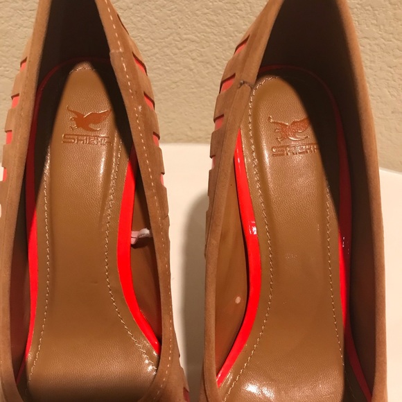Faux Suede Pumps with Neon Red/Orange - Picture 6 of 6